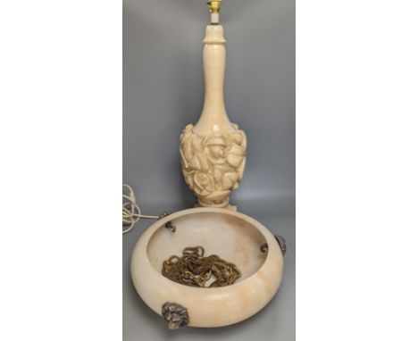 A carved alabaster lamp, height 60cm excl. light fitting, and a turned alabaster plafonnier, 35.5 cm diameter