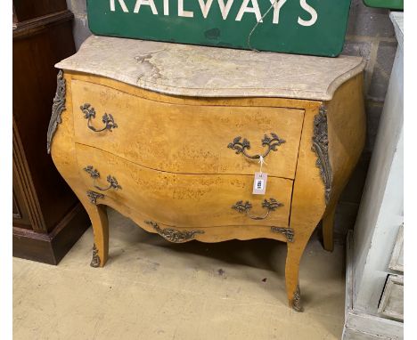A Louis XVI style bird's eye maple marble top bombe commode, width 106cm, depth 48cm, height 87cm