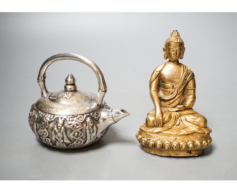 A Chinese gilt bronze buddha and a miniature plated teapot 11cm
