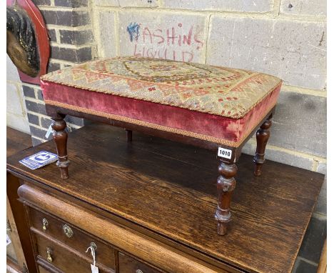 A Victorian rectangular mahogany dressing stool with tapestry seat, width 62cm, depth 44cm, height 36cm