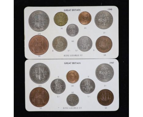 George VI specimen coin sets for 1947 and 1948, first issue, including 1948 brass threepence (S4112), good EF,comprising half
