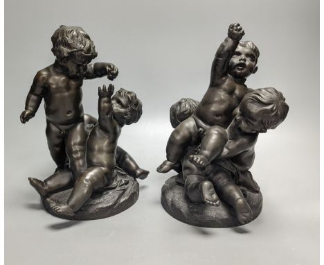 After Clodion, a pair of early 20th century bronze groups of putto, tallest 25cm