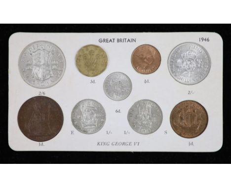 George VI nine coin specimen set for 1946, first issue, including the rare 1946 brass threepence (S4112), about EF, rare in t