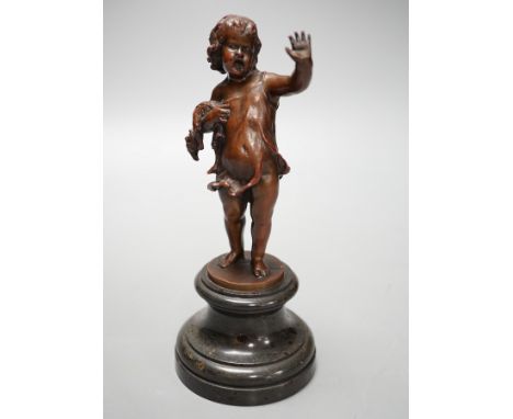 Franz Iffland (German, 1862-1935), bronze of a child holding a Punch puppet, dated 1886 20cm