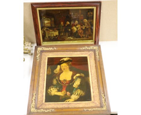 After William Hogarth, reverse print on glass, Marriage-à-la-Mode, plate 6, 25 x 35cm and a later reverse print on glass, Por