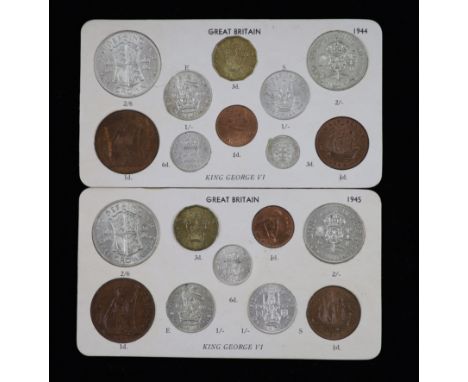 George VI specimen coin sets for 1944 and 1945, including the rare 1944 silver threepence, first coinage, all about EF or bet