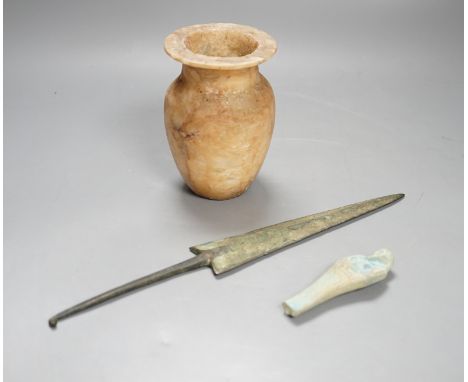 Antiquities to include a Luristan bronze spear head, an Egyptian ushabti  (af) and an alabaster jar, spear head 30.5cm long