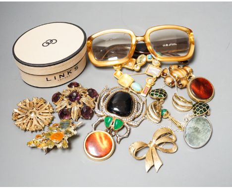 A mixed lot of costume jewellery including Christian Lacroix, scarab brooch stamped Valentino, Dior glasses etc.