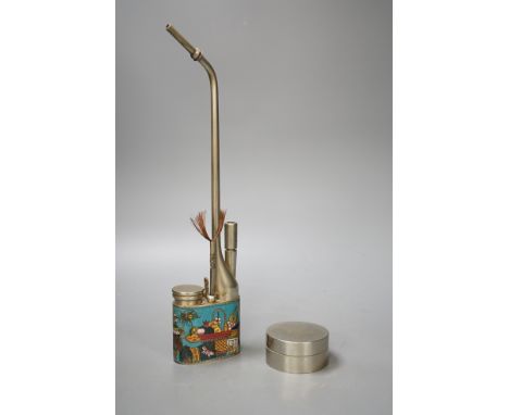 A Chinese inscribed paktong inkbox and a Chinese cloisonne enamel and paktong water pipe, 33cm