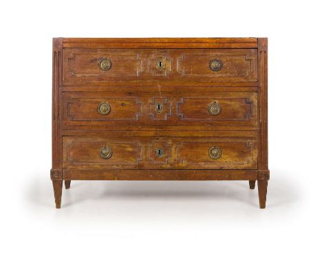impianto squadrato con cassetti nel fronte, montanti e piedi scanalati; usure, piano mancante, restauri, graffi Alt. cm 89, l