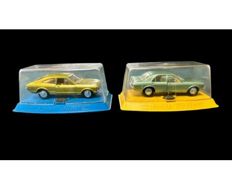 Gama (Germany) 1/43rd scale Ford Consul GT Coupe metallic gold with tan interior No. 0996 and Granada Mk.I metallic mint gree