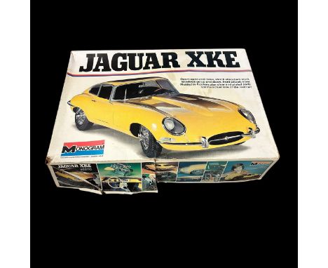 Monogram 1/8th scale Jaguar XK-E No. 2601, unmade and unpainted plastic model kit, mainly on sprues in bags, generally excell