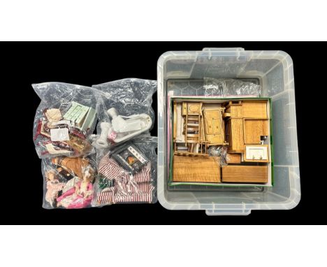 Dolls house furniture including grand piano, sofa and armchairs (2), ceramic bathroom war, etc., plus dressed Victorian-style