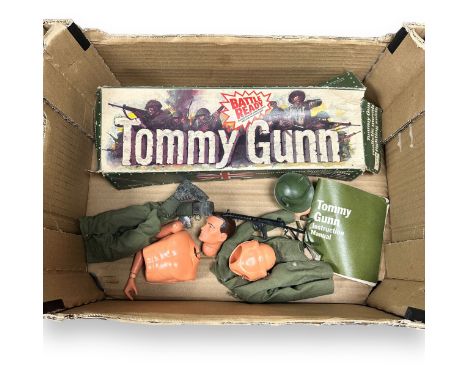 Pedigree Tommy Gunn action figure (in pieces), with uniform, helmet including strap, boots (discoloured) and gaiters, Sterlin