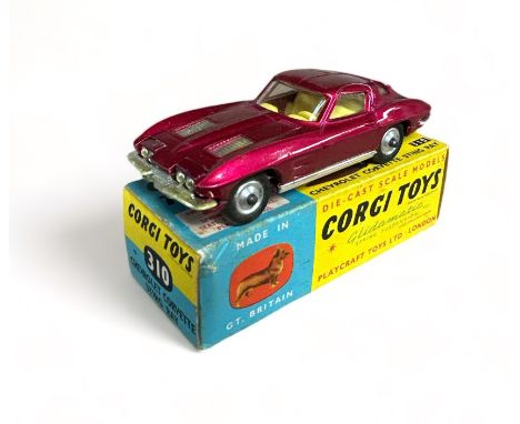 Corgi Chevrolet Corvette Stingray No. 310, generally excellent in good plus box (edge wear, some mottling), Cerise, lemon int