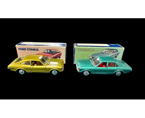 Gama (Germany) 1/43rd scale Ford Consul GT Coupe metallic gold with tan interior No. 996 and Granada Mk.I metallic turquoise 
