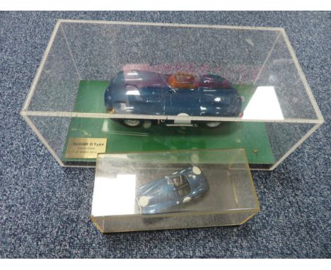 Pair of Jaguar race car models, appear to be professionally hand built and painted, unknown maker, with 1/24th scale D-Type p