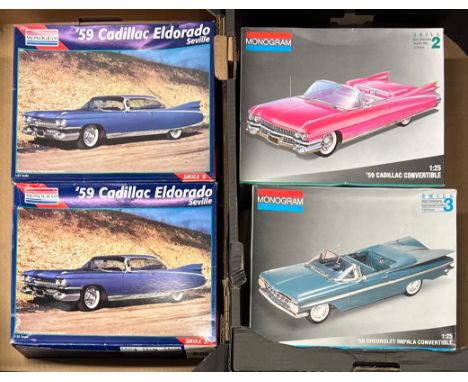 Monogram 1/25th scale unmade and unpainted plastic kits, generally excellent to good plus in good plus boxes, with 1959 Cadil