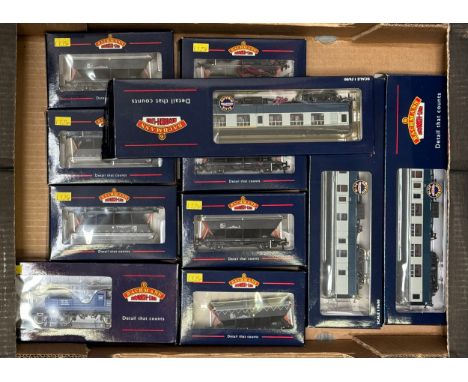Bachmann OO gauge BR blue grey coach Nos. 39-125, 39-175 and 39-075, plus wagons including CEA 46 Ton Hopper No. 33-575 (7), 