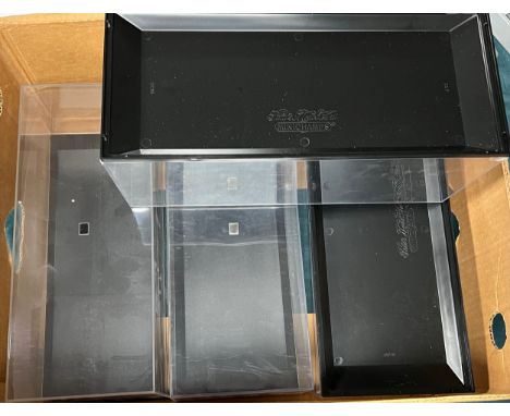 1/18th scale plastic lift-off lid with plinth base cases, without models or card outer packaging, underneath base printed Pau