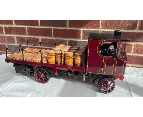 Maxitrak 1" scale Super Sentinel Steam Lorry, fitted with Brewers' dray body and barrel load, gas fired, radio-control drivin