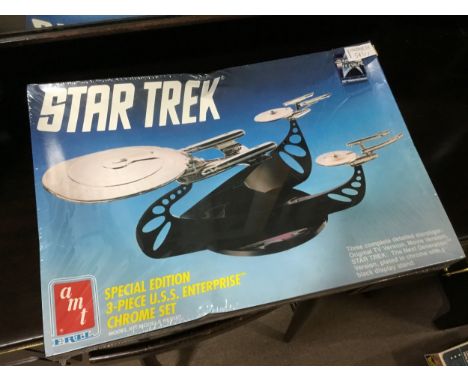 STAR TREK SPECIAL EDITION 3-PIECE USS ENTERPRISE CHROME SET MODEL KIT, in box, along with two other Star Trek model kits, eac
