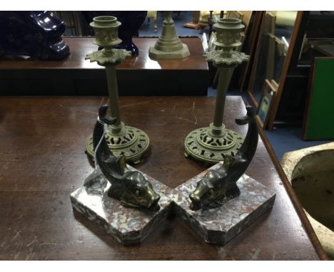 PAIR OF BOOKENDS, each modelled as fish with a marble base, along with a pair of brass candlesticks, Lipton tea caddy, Royal 