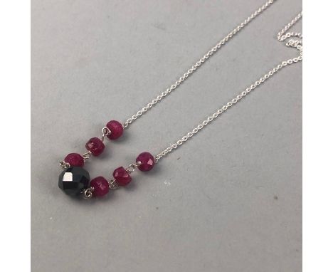 RUBY AND BLACK MOISSANITE NECKLACE, set with faceted ruby beads and a black moissanite, marked 925