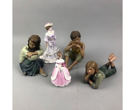 COALPORT FIGURE OF 'LOUISA AT ASCOT', along with a Royal Worcester figure of Modesty and three other figures (5)