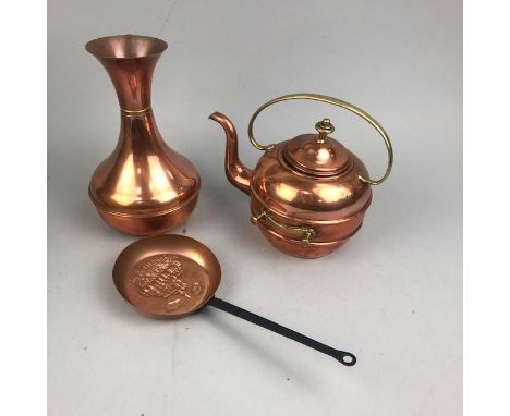 COPPER JUG, along with other copper wares including a pan and a caddy