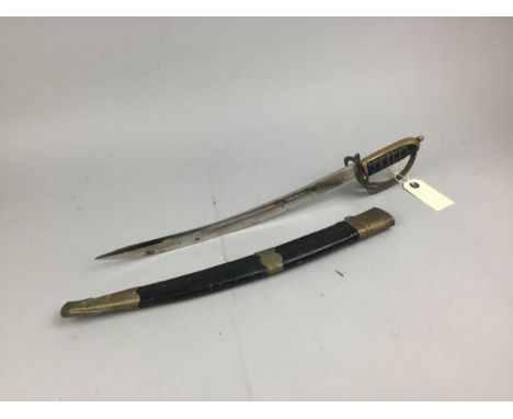 LATE 19TH CENTURY SHORT SWORD, with brass marked scabbard, 51.5cm long