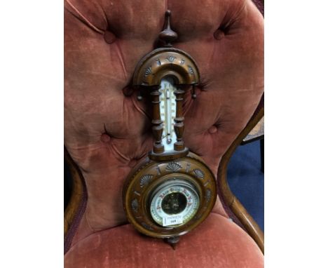 20TH CENTURY BANJO BAROMETER, along with a pair of turned wood candlsticks and other wood objects