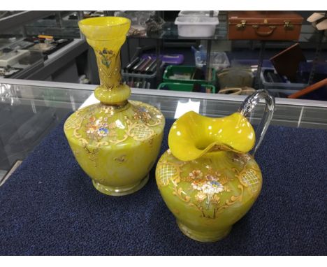 LATE 19TH CENTURY BOHEMIAN GLASS VASE, in mottled yellow and white with enamel decoration, along with a matched jug, set of f