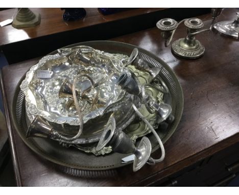 SILVER PLATED THREE LIGHT CANDELABRUM, along with two salvers, cake basket, circular tray, two further candelabra and parts o