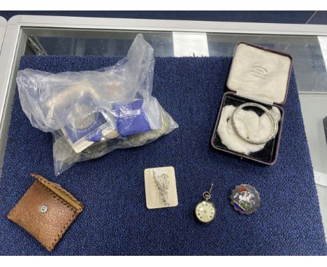COLLECTION OF SILVER AND OTHER COINS AND A SILVER CASED FOB WATCH, including three pence pieces, Churchill commemorative coin