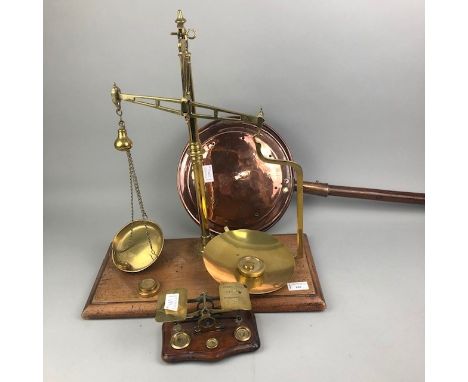 SET OF BRASS POSTAL SCALES, along with another set of scales and a copper bed warming pan