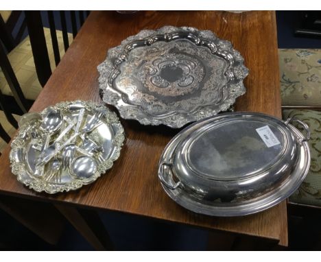 VICTORIAN SILVER PLATED TRAY, along with an entree dish, condiments and other plate, also a pair of brass candlesticks, a car
