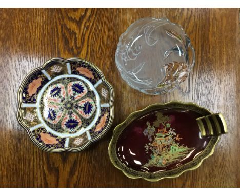 ROYAL CROWN DERBY PLATE, along with a Carlton Ware dish, coloured glass, including bowls, also a crystal table lamp with mush