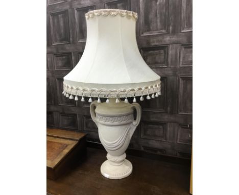 COMPOSITION URN SHAPED TABLE LAMP, with fringed shade, 95cm high overall