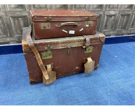 VINTAGE TRAVEL TRUNK, along with a leather suitcase, containing encyclopedias