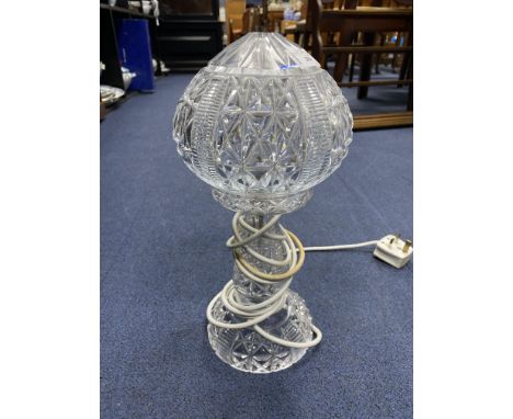 CRYSTAL MUSHROOM SHAPED TABLE LAMP, along with crystal vases, bowls, baskets and jugs