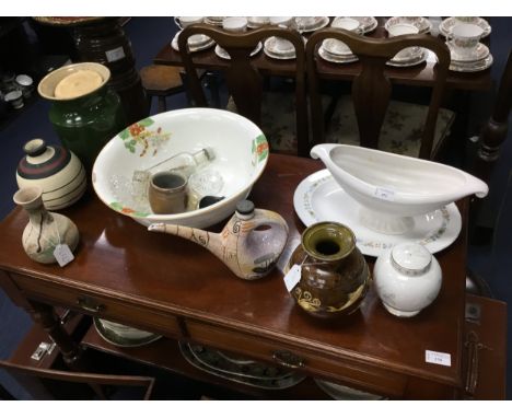 KENSINGTON CERAMIC DISH IN THE MANNER OF CONSTANCE SPRY, along with a mixture crock, and other ceramics including a wash basi