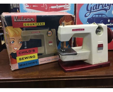 VINTAGE VULCAN COUNTESS CHILD'S SEWING MACHINE, with original box, along with two vintage style automobile giclee panels