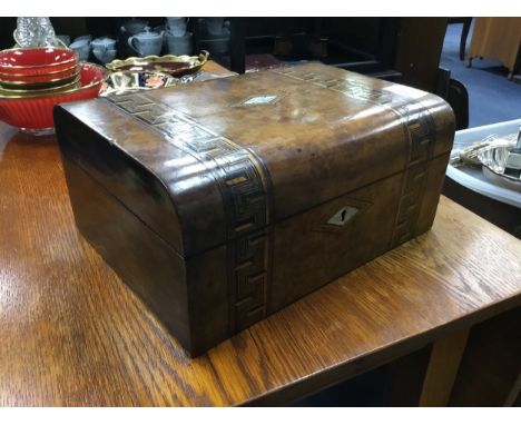 VICTORIAN INLAID WALNUT SEWING BOX, along with a walking stick, shoe last and an ostrich feather (4)