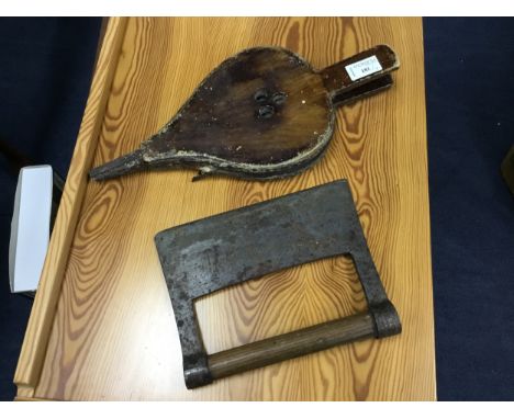 PAIR OF VINTAGE BELLOWS, along with a ceramic hot water bottle, stone ware jar, vintage washboard and other objects