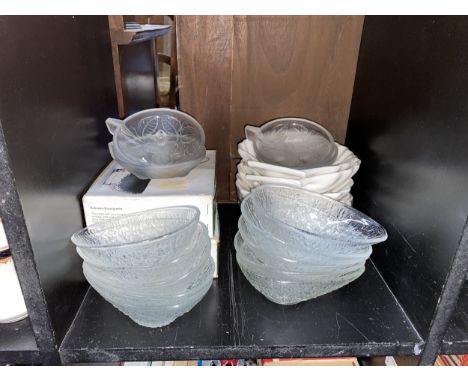SET OF FRENCH FROSTED GLASS DISHES, along with a set of glass avocado dishes and a set of ceramic shell shaped dishes