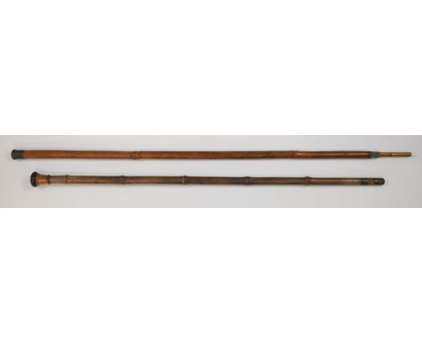 A bamboo walking stick blowpipe with brass screw fittings and a similar three piece fishing rod, length 88cm