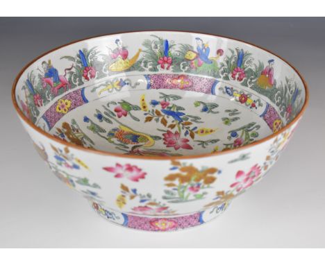 Spode stone china pedestal punch bowl with Chinoiserie decoration and Worlock Collection label to base, diameter 23 x height 