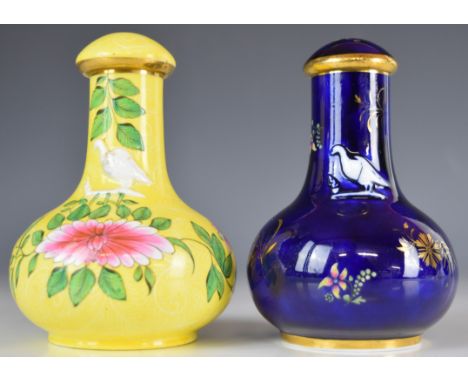 Two 19thC Spode covered scent / perfume bottles, both with bird decoration in relief and with floral decoration, height 11cm