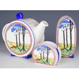 Wedgwood Clarice Cliff teapot, sucrier and sugar sifter, tallest 13cm